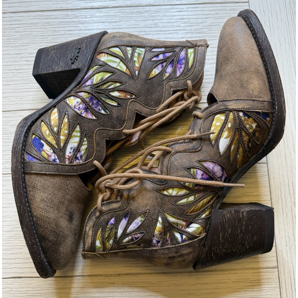 Miss Macie 3" Block Heel Leather Cutout Lace Up Ankle Southwest Boot Shoes‎ Sz 9